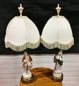 Fabulous&nbspItalian Made Porcelain&nbspVintage Pair Of Parisian Male &amp Female Figural Courting Couple On Brass Bases With Original Fringed Lamp Shades &amp Finials - Great Condition - No Chips