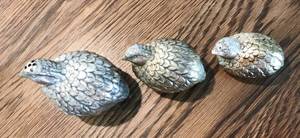 VERY QUAINT 3 Vintage Silver Plated Metal Quail Partridge Bird Sugar Salt &amp Pepper Shakers - Good Condition Normal Age Related Wear To Silverplate&nbsp