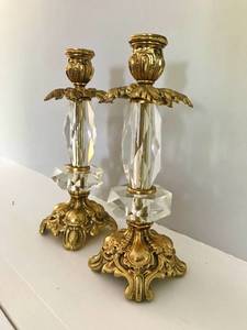 Hollywood Glam Alert Stunning Ornate Pair Hollywood Regency Roccoco Style Brass Gold Metal &amp Cut Glass Crystal Candleholders - Marked On The Bottom - Great Condition - See Pics