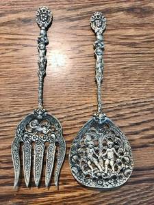 Ornate Baroque Style Italian Ugo Bellini Silverplate Cherub Serving Fork &amp Spoon - Beautiful Vintage Condition