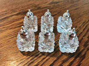 Classy Lot Of 6 Vintage 1970s Cut CrystalGlass Salt &amp Pepper Shakers Miniature WSilver Plated Caps Diamond Cross Hatched Textured Design&nbsp Pattern Square Shape Made In Japan