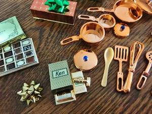 WOW OLD BARBIE STUFF&nbspLARGE Cookware Set Faux Copper Diorama Accessories  Specialty Items -Godiva Chocolate Box, Ken Box &amp Daily News - Excellent Condition&nbsp Check Out Link Where Godiva Box Is Being Sold For $36.00