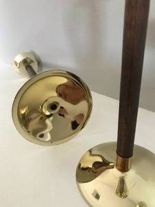 SET OF 3 MID CENTURY MODERN TEAK WOOD AND BRASS GOLD METAL CANDLEHOLDERS - GREAT VINTAGE CONDITION - SEE PICS