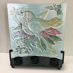 BEAUTIFUL LARGE LORI SIEBERT HAND PAINTED FUSION ART GLASS BIRD IN HOLLY 3 TEALIGHT CANDLEHOLDER - GREAT CONDITION