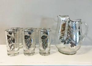 Beautiful 1950s Sterling Silver Overlay Rare Glass Pitcher &amp 6 Glass Set Made By Silver City Glass Company In The Pattern Of Flanders With Poppy Flowers - Excellent Condition