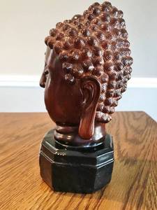 Red Wood Carved&nbspShakyamuni Amitabha&nbspBuddha Head Bust Sculpture With Clock Base - Clock Untested