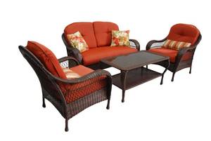 WOW FANTASTIC HIGH QUALITY OUTDOOR CONVERSATION PATIO SET WITH RETRO ORANGE CUSHIONS &amp BROWN ALL WEATHER WICKER FURNITURE - EXCELLENT CONDITION - INCLUDES LOVE SEAT, 2 CHAIRS, AND GLASS TOP COFFEE TABLE&nbsp