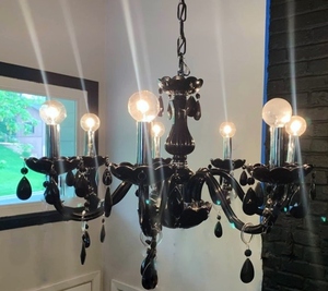 Stunning Vintage Black Glass With Black Crystal Drops 7 Arm Lights Chandelier - At Some Point 1 Glass Arm Was Removed - Works Great &amp You Really Can Not Tell It Is Missing&nbsp No Other Flaw Found&nbsp