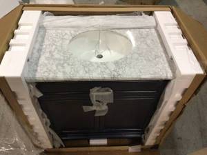 Windlowe 37 in. W x 22 in. D x 35 in. H Bath Vanity in Navy Blue with Carrara Marble Vanity Top in White with White Sink by Home Decorators Collection Customer Returns See Pictures