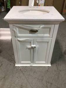 Lamport 25 in. x 22 in. Bath Vanity in White with Engineered Stone Vanity Top in Artisan White with White Sink by Home Decorators Collection Customer Returns See Pictures