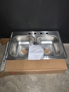 lot 6 image: GLACIER BAY DROP-IN STAINLESS STEEL 33 IN. 4-HOLE DOUBLE BOWL KITCHEN SINK. SEE PICTURES