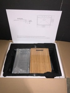 lot 23 image: GLACIER BAY TOPMOUNT STAINLESS STEEL 30 IN. SINGLE BOWL KITCHEN WORKSTATION SINK AND ACCESSORIES. SEE PICTURES