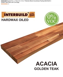 lot 24 image: INTERBUILD ACACIA 5 FT. L X 10 IN. D X 1.5 IN. T BUTCHER BLOCK COUNTERTOP FLOATING WALL SHELF IN GOLDEN TEAK STAIN WITH LIVE EDGE. SEE PICTURES
