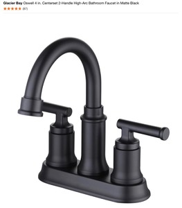 lot 27 image: GLACIER BAY OSWELL 4 IN. CENTERSET 2-HANDLE HIGH-ARC BATHROOM FAUCET IN MATTE BLACK. SEE PICTURES