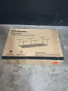 lot 53 image: FLEXIMOUNTS 8 FT. X 3 FT. HEAVY DUTY OVERHEAD GARAGE ADJUSTABLE CEILING STORAGE RACK IN BLACK. SEE PICTURES
