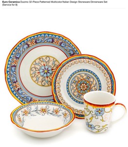 lot 54 image: EURO CERAMICA DUOMO 32-PIECE PATTERNED MULTICOLORITALIAN DESIGN STONEWARE DINNERWARE SET (SERVICE FOR 8). SEE PICTURES