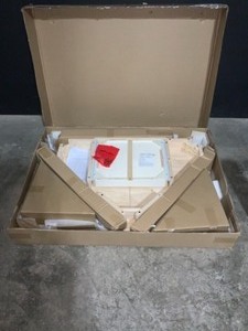 lot 66 image: INTERNATIONAL CONCEPTS 40 IN. CORNER UNFINISHED 1 DRAWER WRITING DESK WITH SOLID WOOD MATERIAL. SEE PICTURES