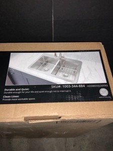 lot 69 image: ELKAY AVENUE DROP-INUNDERMOUNT STAINLESS STEEL 33 IN. 5050 DOUBLE BOWL KITCHEN SINK WITH BOTTOM GRID. SEE PICTURES