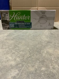 lot 56 image: HUNTER AKER 52 IN. LED INDOOROUTDOOR FRESH WHITE CEILING FAN WITH LIGHT KIT. SEE PICTURES