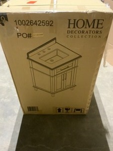 lot 67 image: HOME DECORATORS COLLECTION SONOMA 24 IN. W X 20.25 IN. D VANITY IN PEBBLE GREY WITH CARRARA MARBLE TOP WITH WHITE SINKS. SEE PICTURES