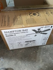 HAMPTON BAY GAZEBO 52 IN. LED INDOOROUTDOOR WEATHERED BRONZE CEILING FAN WITH LIGHT KIT. SEE PICTURES