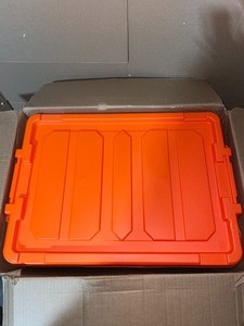 UNBRANDED 19-GAL. STORE-IT-ALL TOTE IN BLACK WITH ORANGE LID AND BUCKLE (4-PACK). SEE PICTURES