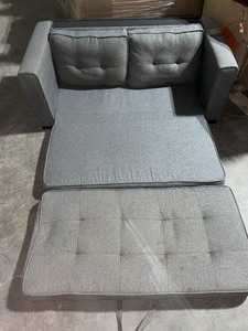 GREY 2-SEAT COUCH WITH PULL OUT BED. VARIOUS CONDITIONS. SEE PICTURES