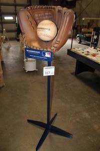 lot 163 image: Woodbridge by Robert Mondavi Baseball Mitt with Baseball Display Stand 70H