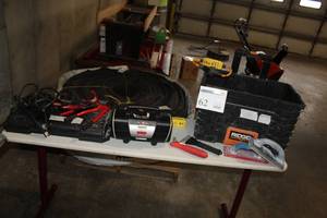 lot 62 image: Ridgid Rolling Tool Box Black 22Lx15Wx16H  with Husky ACDC Digital Inflator, Scraper, Hammer Tool, Trowels, Misc. Tools and Supplies