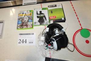 lot 244 image: Lot of (3) Microsoft X-Box 360 Games  with Gaming Headphones (1 pair)