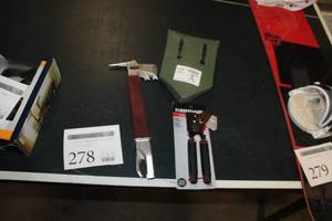 lot 278 image: Lot of (3) Camping Accessories  with Folding Camp Shovel, Can Opener, Utility Axe