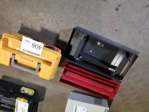 lot 408 image: Lot of (3) Tool Boxes and Caddies  with Plano 16 Grab N Go Yellow Tool Box, Red Tool Caddy, Black Tool Caddy