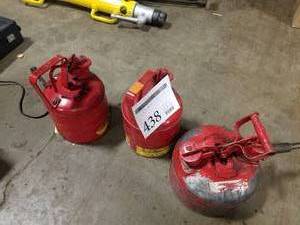 lot 438 image: Lot of (3) Metal Gas Cans  with Eagle Type 1 2-Gallon UI-20S, Justrite Type 1 Safety Can 1-Gallon RM08381 (x2)