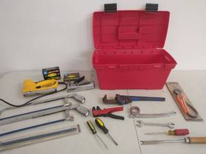 Plastic Tool Box, Staplers, Hacksaws, Assorted Tools
