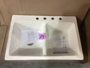 Bridgeport Dual Mount Composite Granite 33 in. 4-Hole Double Bowl Kitchen Sink in White by Mont Blanc Customer Returns See Pictures&nbsp