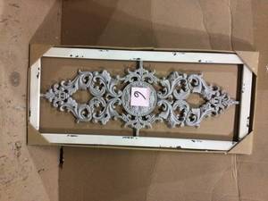 lot 6 image: Grey Scroll Metal Panel Wall Decor Customer Returns See Pictures