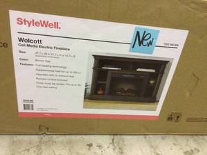 lot 14 image: Wolcott 48 in. Media Console Electric Fireplace in Brown Oak Customer Returns See Pictures