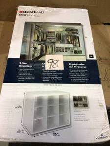 lot 98 image: 20 in. H x 24 in. W x 14 in. D White Wood Look 9-Cube Storage Organizer by ClosetMaid Customer Returns See Pictures