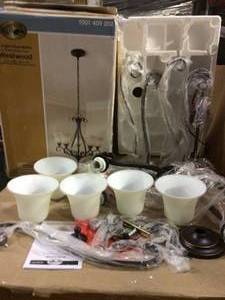 lot 18 image: Westwood 5-Light Oil-Rubbed Bronze Chandelier with Frosted White Glass Shades Customer Returns See Pictures 