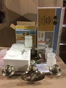 lot 34 image: Truitt 3-Light Brushed Nickel Vanity Light with Clear and Sand Glass Shades PLUS Ashhurst 2-Light Brushed Nickel Vanity Light with Frosted Glass Shades Customer Returns See Pictures 