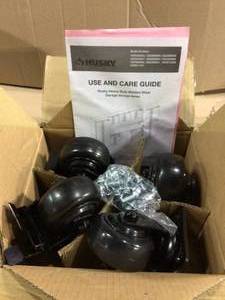 lot 81 image: 4 in. Caster Kit for Heavy Duty Welded Steel Garage Base Cabinets by Husky Customer Returns See Pictures 