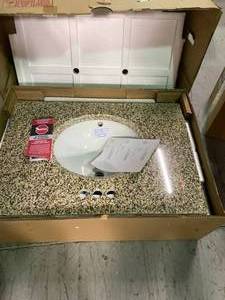 lot 102 image: Pegasus 31 in. x 22 in. Granite Vanity Top in Montesol with White Bowl and 4 in. Faucet Spread (in good condition see all pictures carefully please