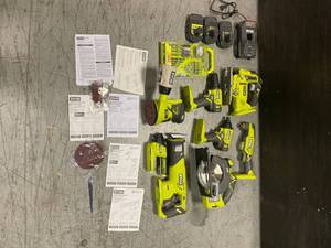 lot 108 image: lot of assorted ryobi power tools, bit set, and 3 batteries and a charger (customer returns) (see pictures)