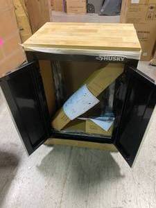 lot 113 image: Husky 53 in. W x 69 in. H x 19 in. D Steel Garage Cabinet Set in Black (6-Piece) (see pictures carefully) (in good condition)