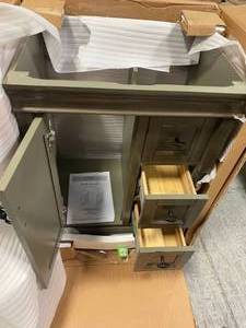 lot 115 image: Home Decorators Naples 24 in. W Bath Vanity Cabinet Only in Distressed Grey with Right Hand Drawers (see all pictures carefully) (in good condition)