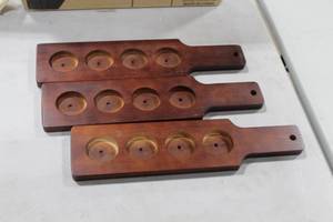 lot 1081 image: Lot of (3) Red Brown Wood Paddle Flights  1-34 Holes 14-12Lx 58THx 3-12W