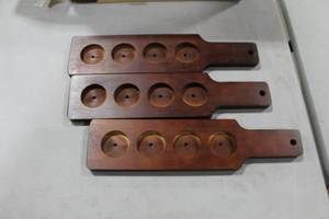 lot 1084 image: Lot of (3) Red Brown Wood Paddle Flights  1-34 Holes 14-12Lx 58THx 3-12W