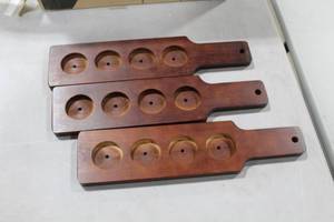 lot 1087 image: Lot of (3) Red Brown Wood Paddle Flights  1-34 Holes 14-12Lx 58THx 3-12W