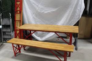lot 1019 image: Wood Top Metal Frame Folding Picnic Table  with Wood Seat Metal Folding Benches (x2)