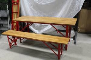 lot 1069 image: Wood Top Metal Frame Folding Picnic Table  with Wood Seat Metal Folding Benches (x2)